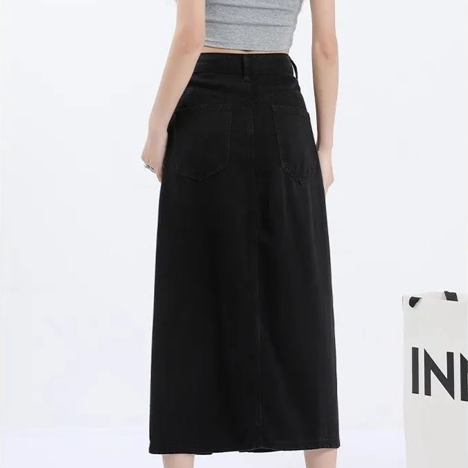 天絲牛仔高腰冰絲中長款開叉a字半身裙-lululam