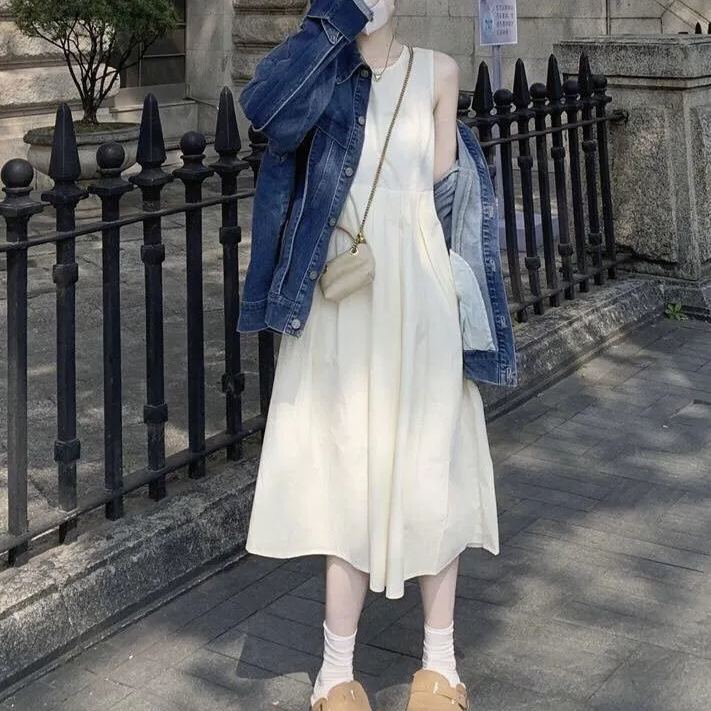 法式收腰顯瘦中長款蓬蓬大擺無袖洋裝-lululam