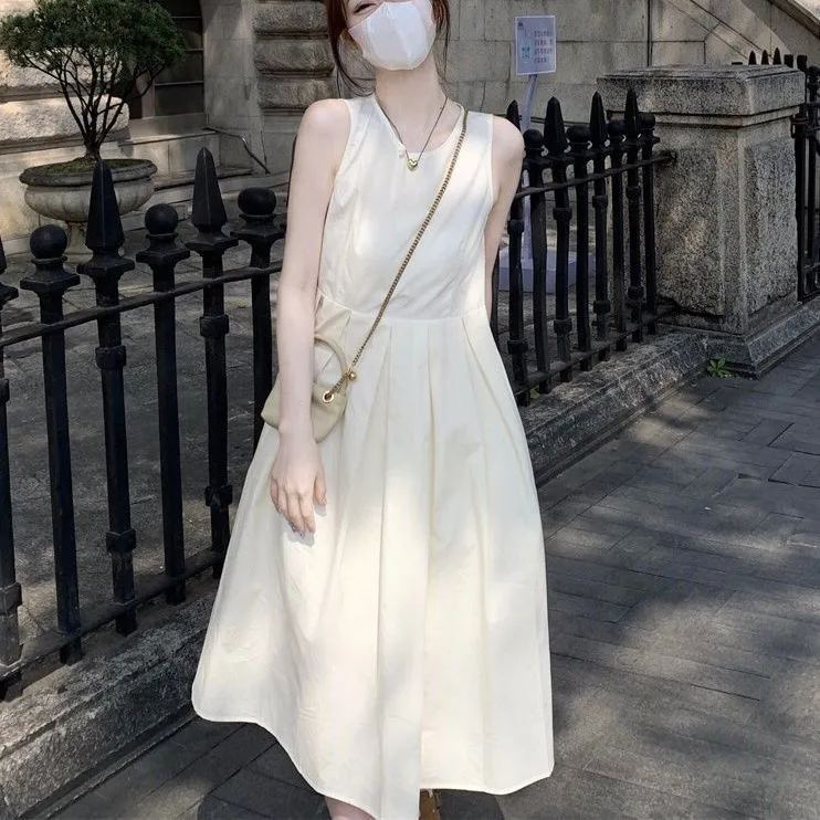 法式收腰顯瘦中長款蓬蓬大擺無袖洋裝-lululam