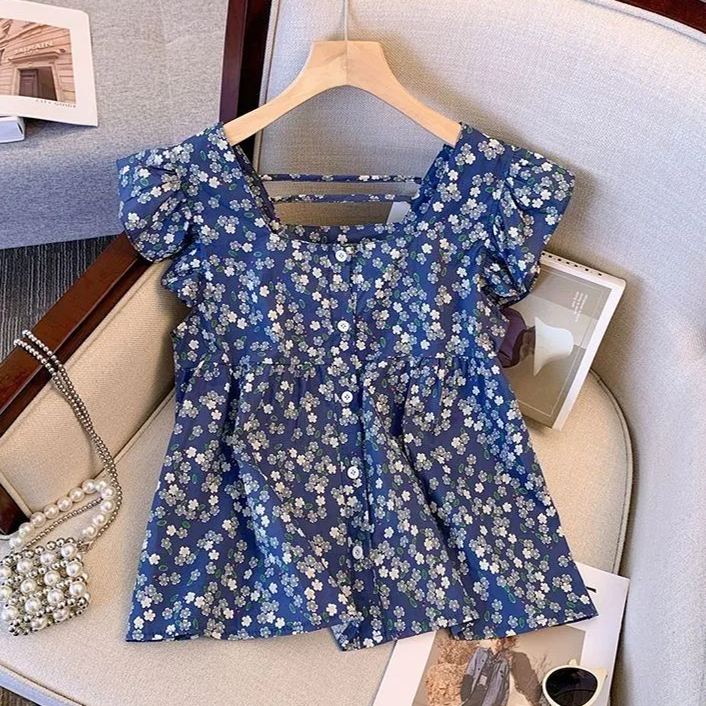 小清新甜美減齡碎花方領飛飛袖襯衫