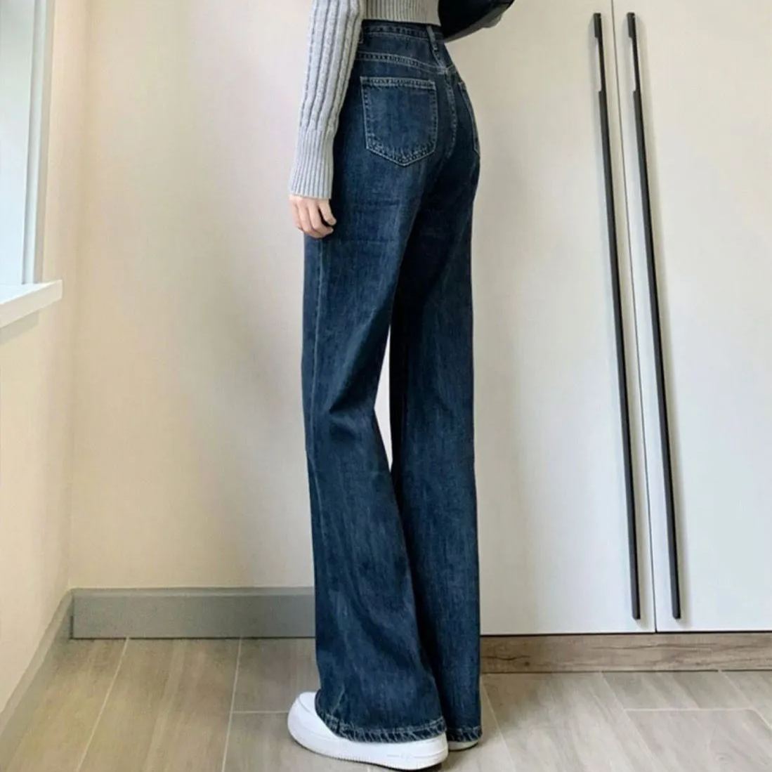 韓版百搭簡約顯瘦高腰微喇牛仔褲裝-lululam