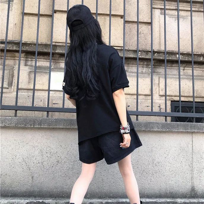 復古時尚百搭不規則寬鬆印花休閒短袖-lululam