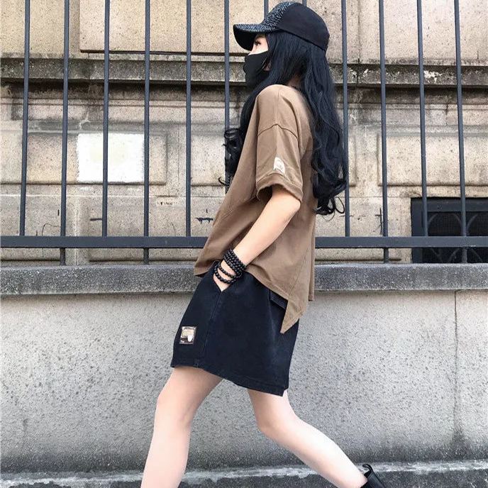 復古時尚百搭不規則寬鬆印花休閒短袖-lululam