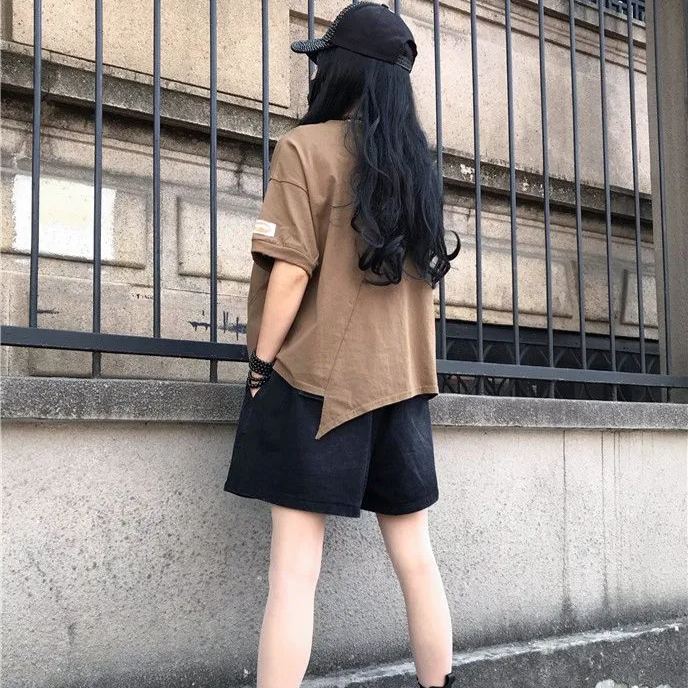 復古時尚百搭不規則寬鬆印花休閒短袖-lululam