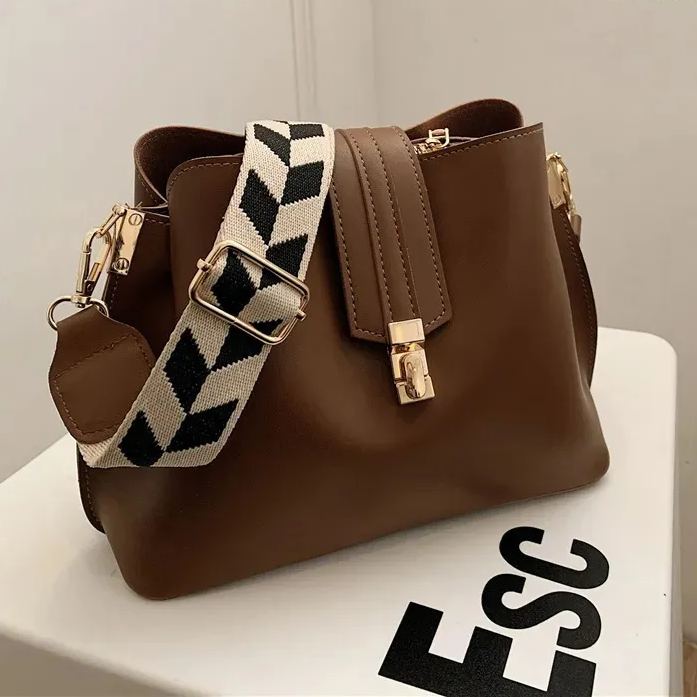 (3色)韓版潮流純色水桶包PU車縫線大容量單肩包-lululam