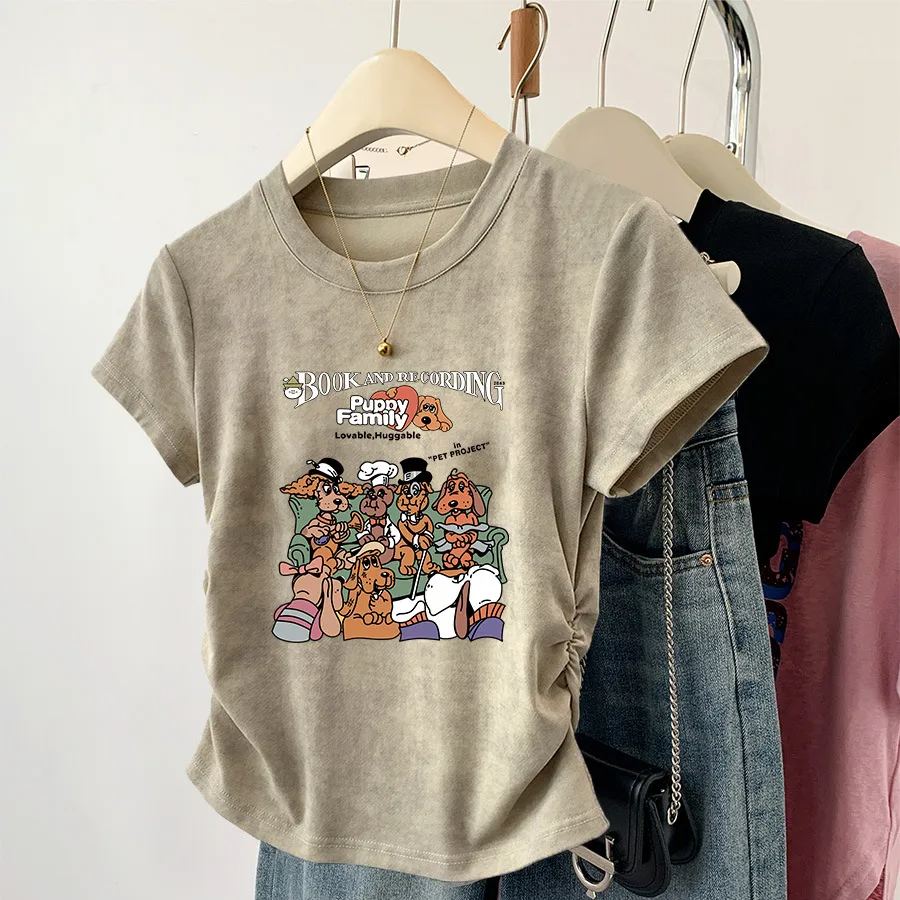 美式甜辣正肩印花ins褶皺收腰顯瘦短袖T恤