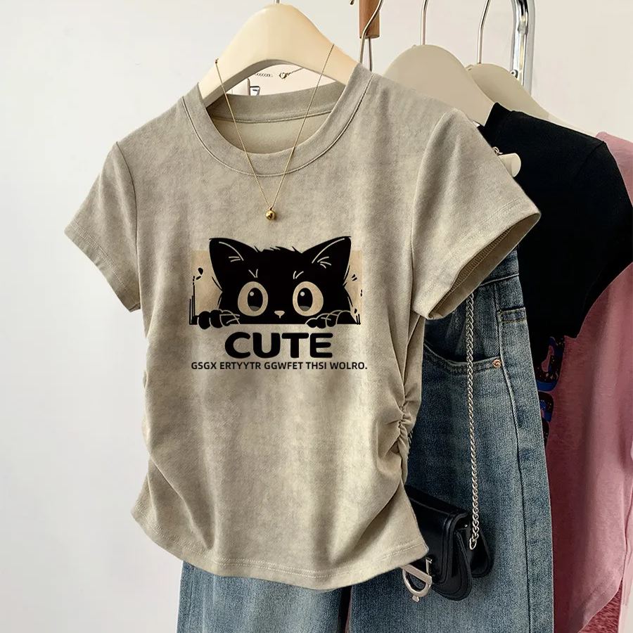 美式甜辣正肩印花ins褶皺收腰顯瘦短袖T恤