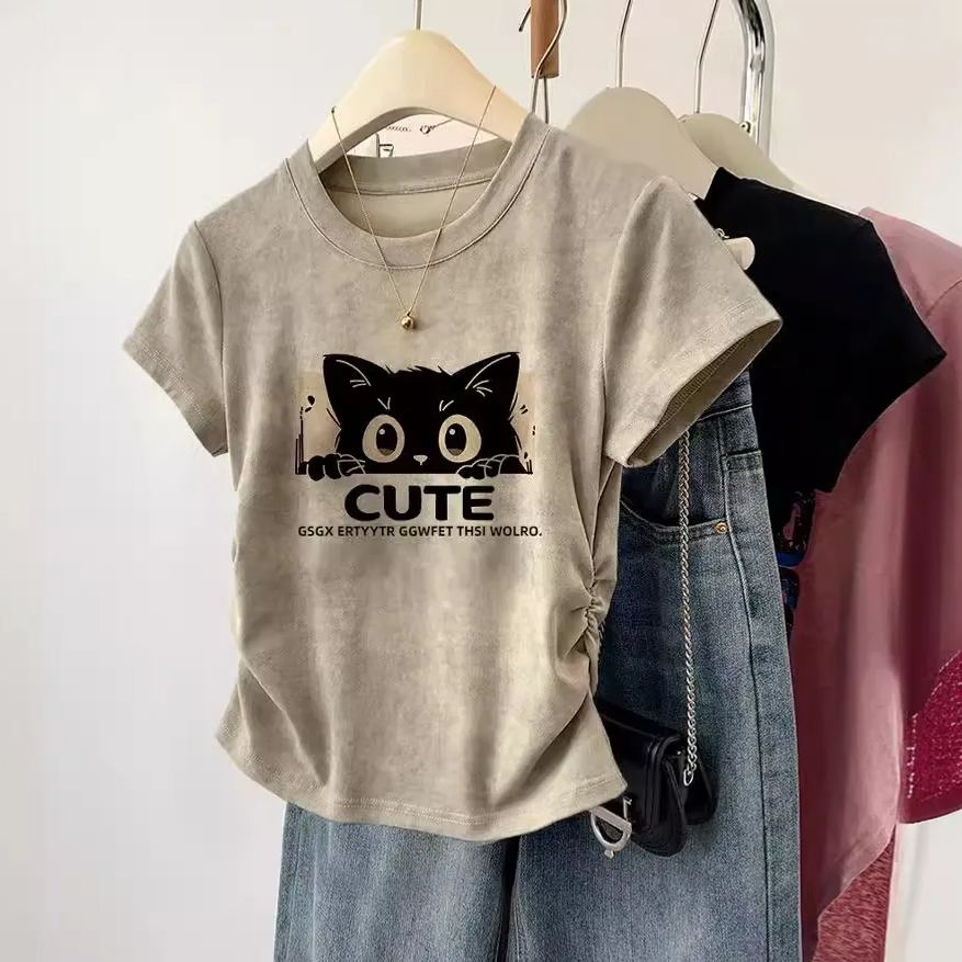 美式甜辣正肩印花ins褶皺收腰顯瘦短袖T恤