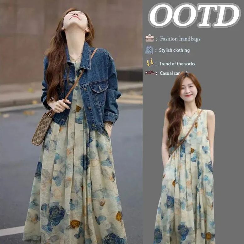 寬鬆水墨畫背心小眾設計感復古文藝氣質連身裙