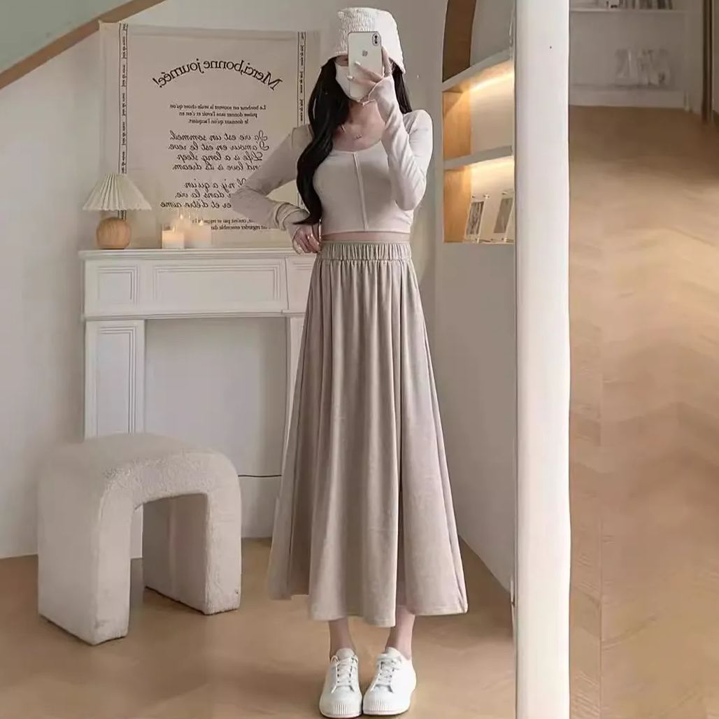 糯米遛彎山本高腰垂感顯瘦簡約百搭半身裙-lululam