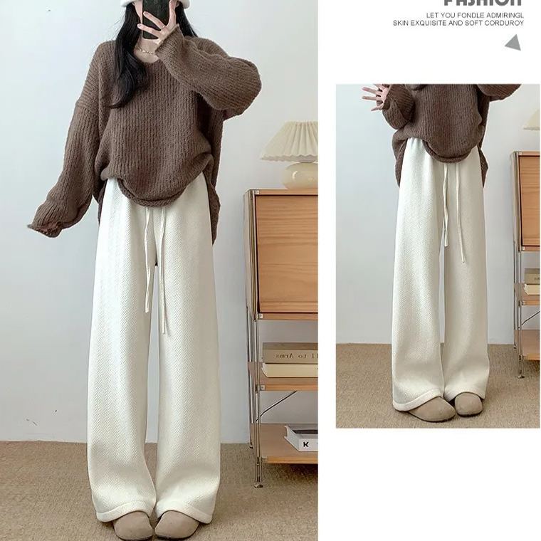 雪尼爾高腰垂感休閒加絨針織闊腿褲-lululam