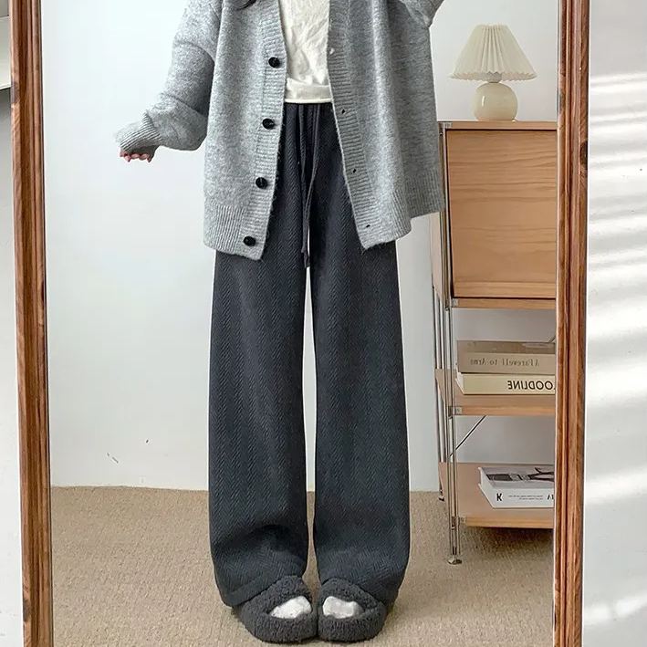 雪尼爾高腰垂感休閒加絨針織闊腿褲-lululam