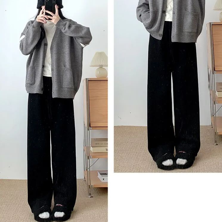 雪尼爾高腰垂感休閒加絨針織闊腿褲-lululam