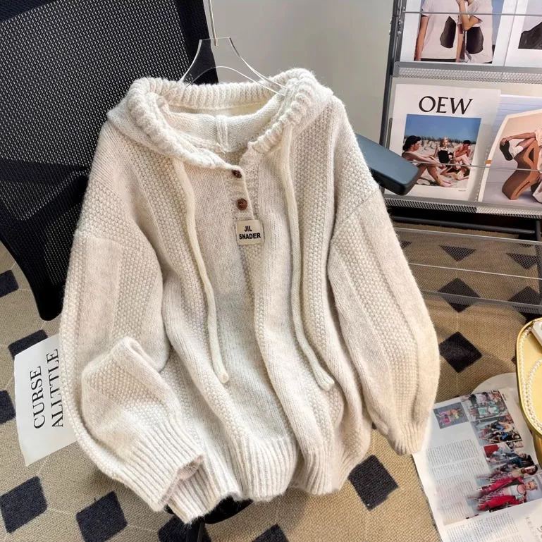 慵懶風軟糯百搭氛圍感連帽抽繩針織衛衣-lululam