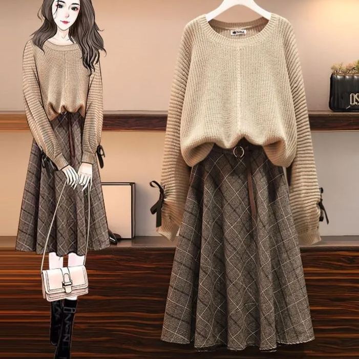 顯瘦針織衫高腰格子半身裙兩件套裝-lululam