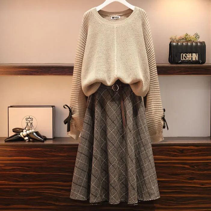 顯瘦針織衫高腰格子半身裙兩件套裝-lululam