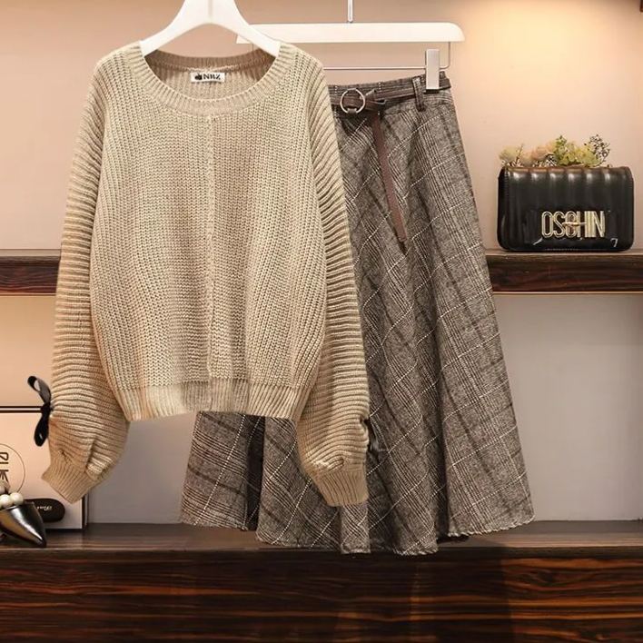 顯瘦針織衫高腰格子半身裙兩件套裝-lululam