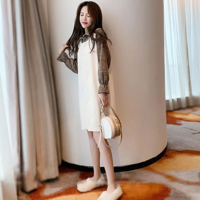 假兩件襯衫領針織拼接中長款洋裝-lululam