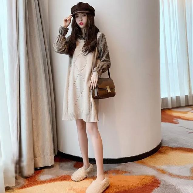 假兩件襯衫領針織拼接中長款洋裝-lululam