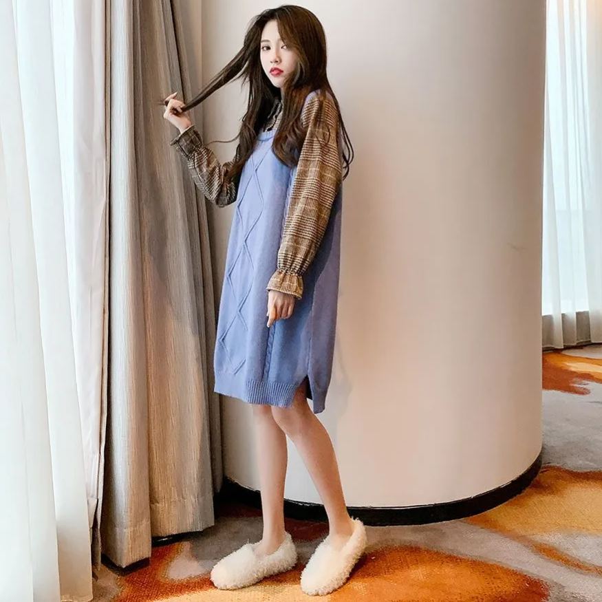 假兩件襯衫領針織拼接中長款洋裝-lululam