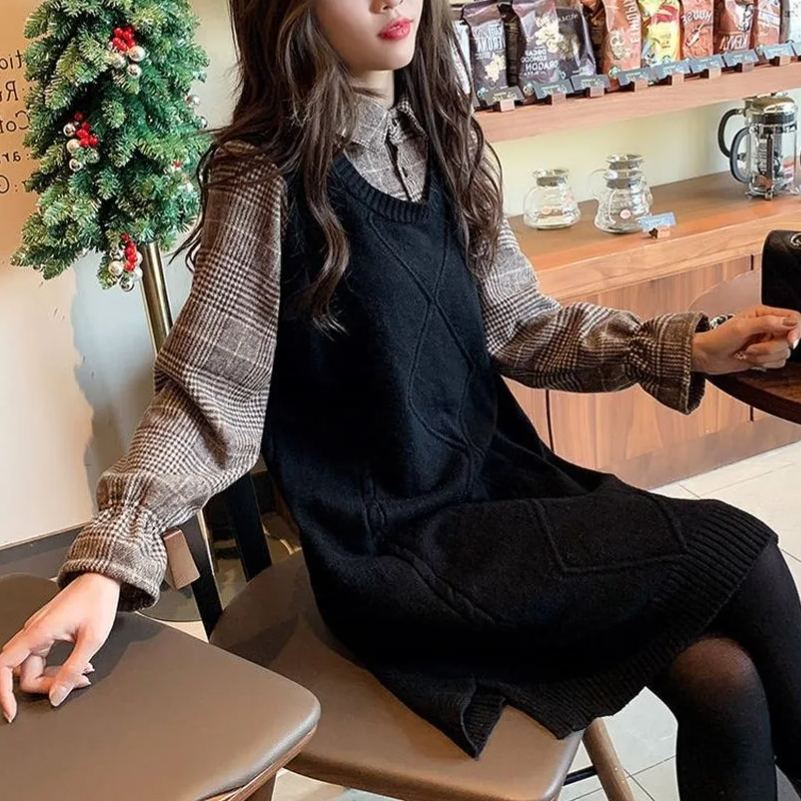 假兩件襯衫領針織拼接中長款洋裝-lululam