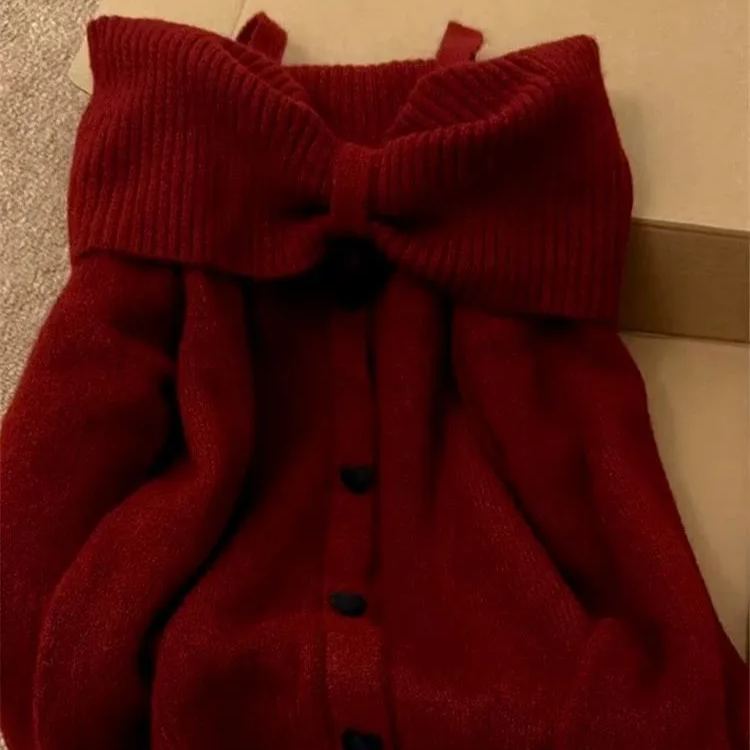 溫柔甜美一字肩韓系高級感露肩針織衫-lululam