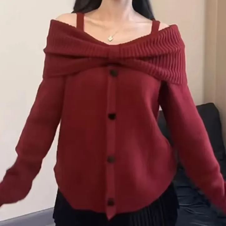 溫柔甜美一字肩韓系高級感露肩針織衫-lululam