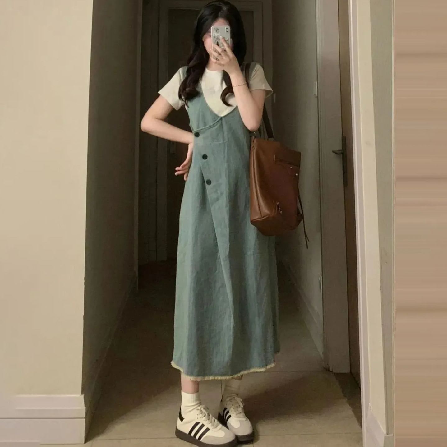 【單件/套裝】百搭短袖設計感牛仔吊帶洋裝兩件套裝-lululam