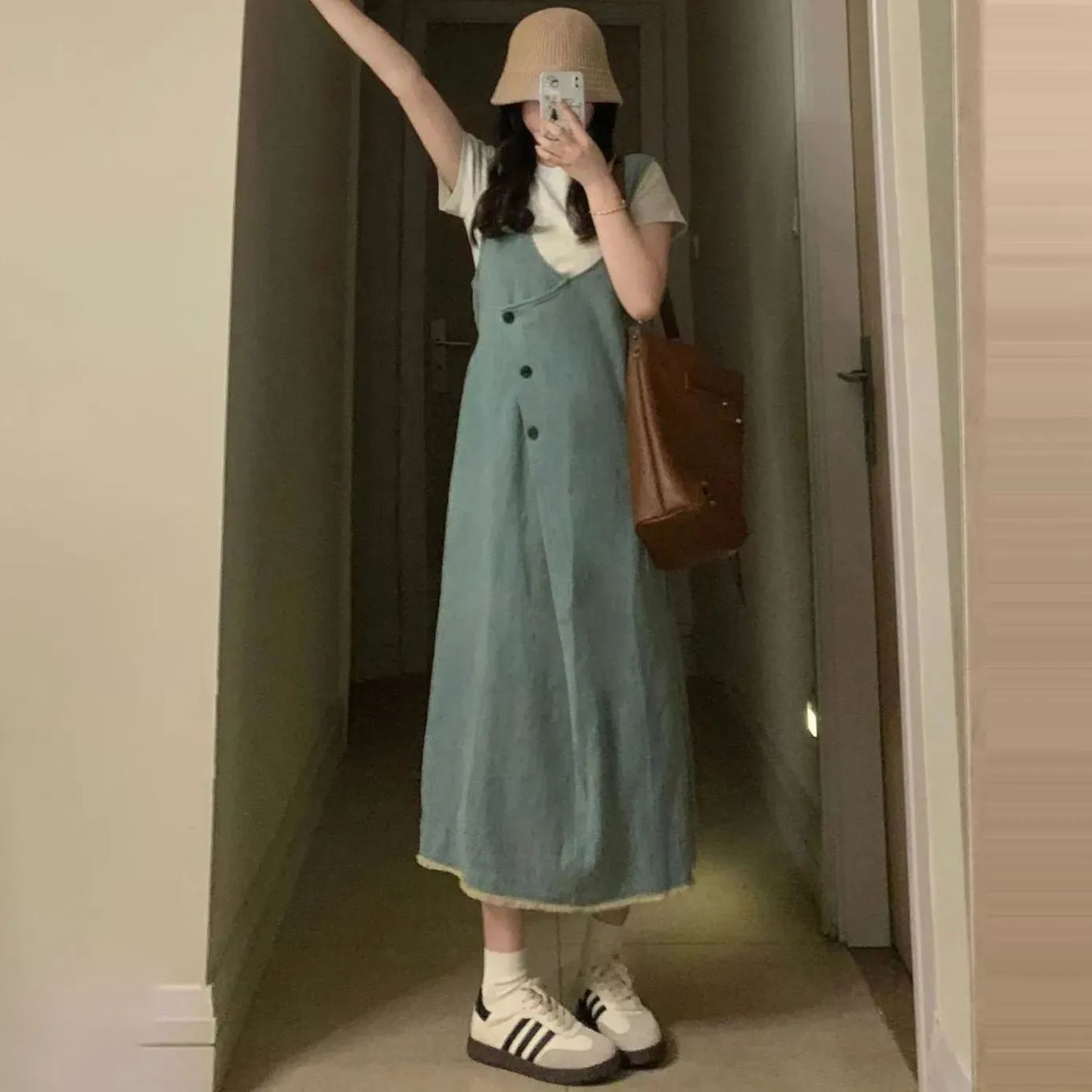 【單件/套裝】百搭短袖設計感牛仔吊帶洋裝兩件套裝-lululam