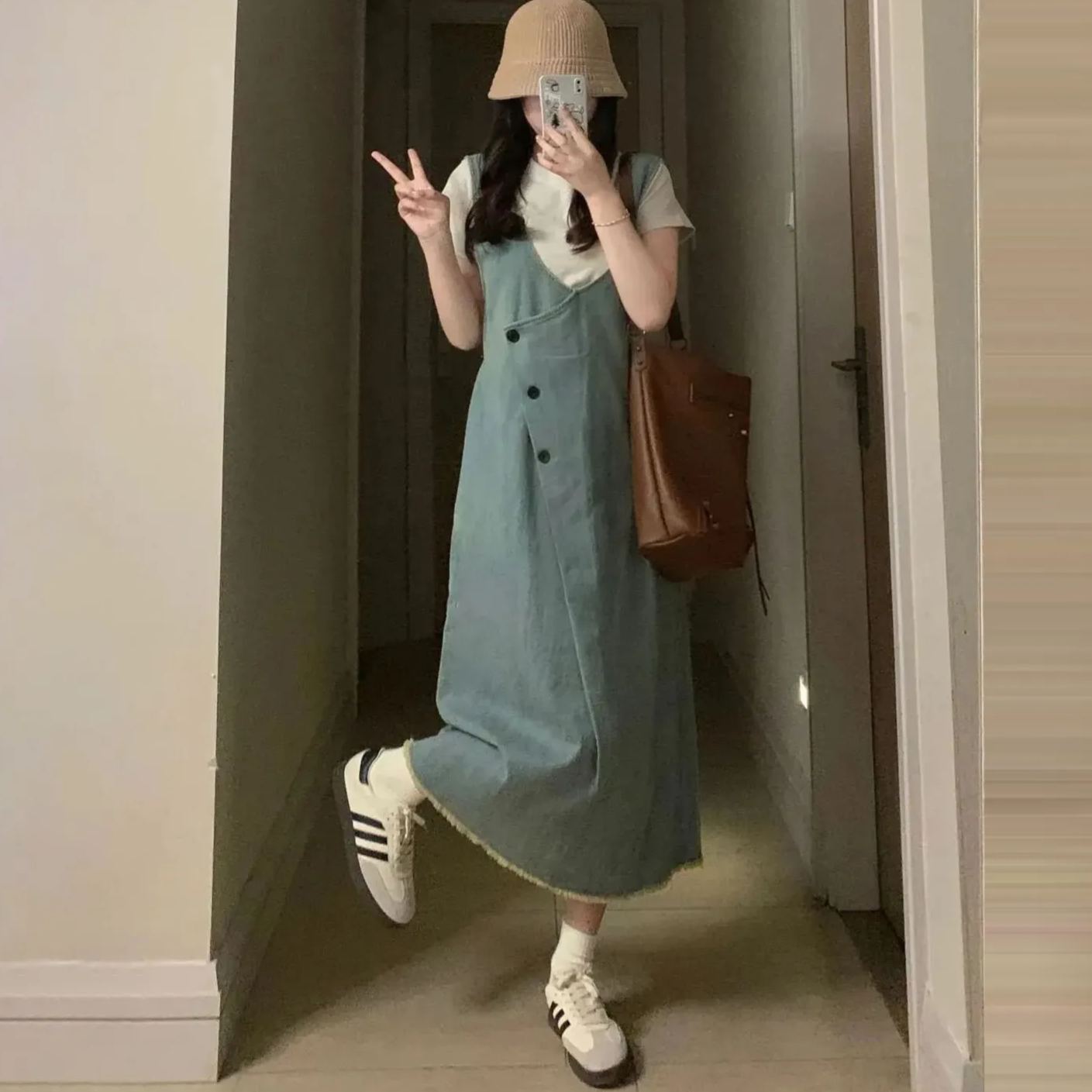 【單件/套裝】百搭短袖設計感牛仔吊帶洋裝兩件套裝-lululam