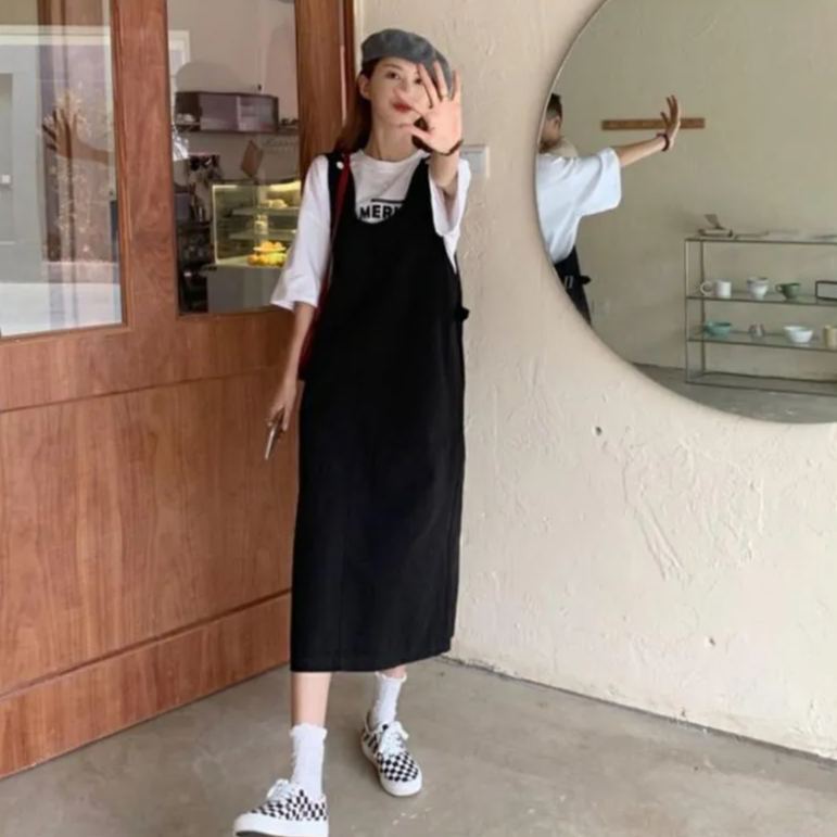 【單件/整套】日系顯瘦短袖減齡寬鬆背帶裙兩件套裝-lululam