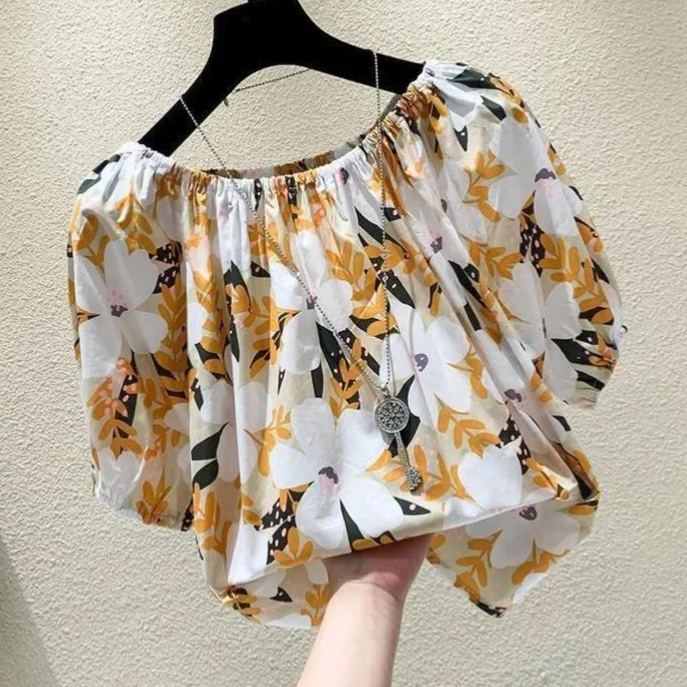 碎花一字領寬鬆時尚洋氣短版短袖-lululam