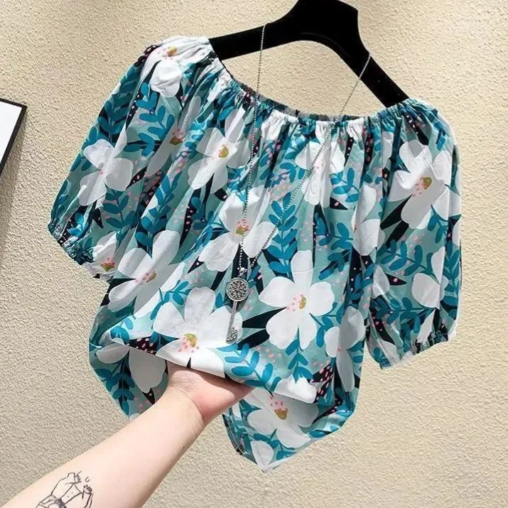 碎花一字領寬鬆時尚洋氣短版短袖-lululam