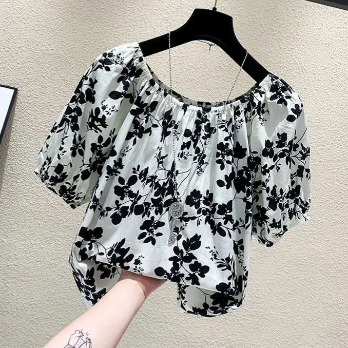 碎花一字領寬鬆時尚洋氣短版短袖-lululam