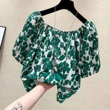 碎花一字領寬鬆時尚洋氣短版短袖-lululam