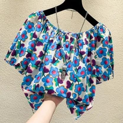 碎花一字領寬鬆時尚洋氣短版短袖-lululam