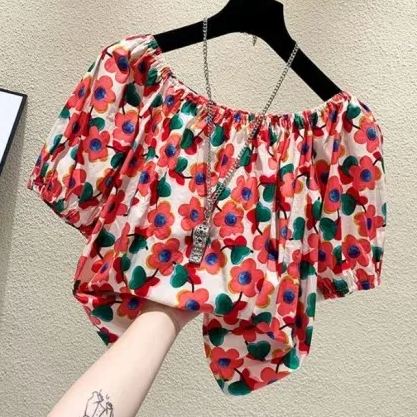 碎花一字領寬鬆時尚洋氣短版短袖-lululam