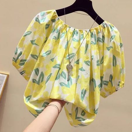 碎花一字領寬鬆時尚洋氣短版短袖-lululam