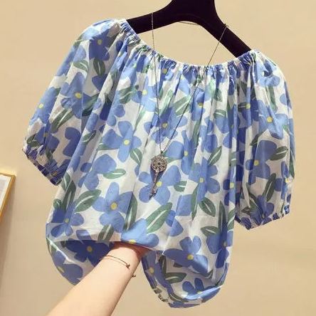 碎花一字領寬鬆時尚洋氣短版短袖-lululam