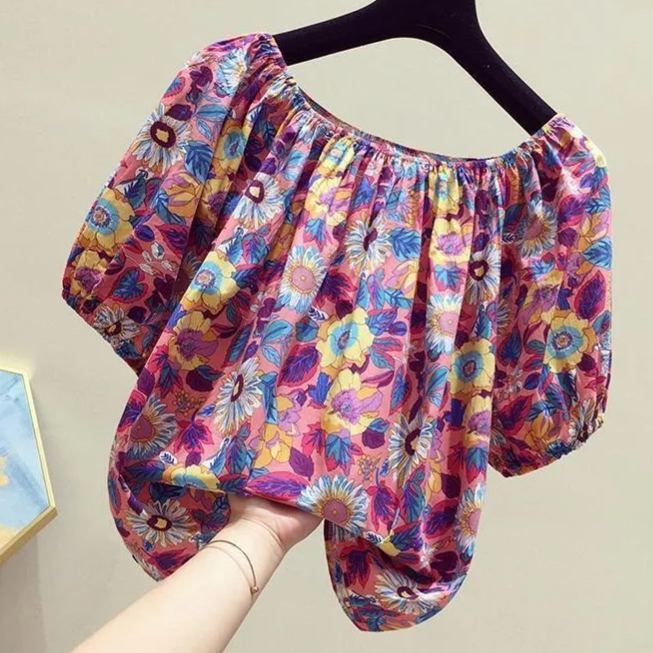 碎花一字領寬鬆時尚洋氣短版短袖-lululam