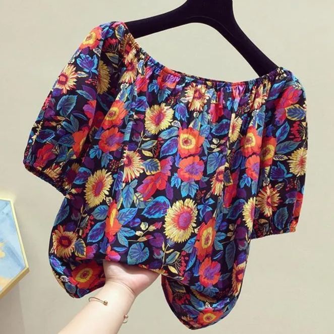 碎花一字領寬鬆時尚洋氣短版短袖-lululam