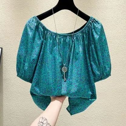 碎花一字領寬鬆時尚洋氣短版短袖-lululam