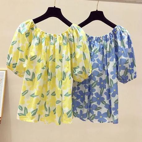 碎花一字領寬鬆時尚洋氣短版短袖-lululam