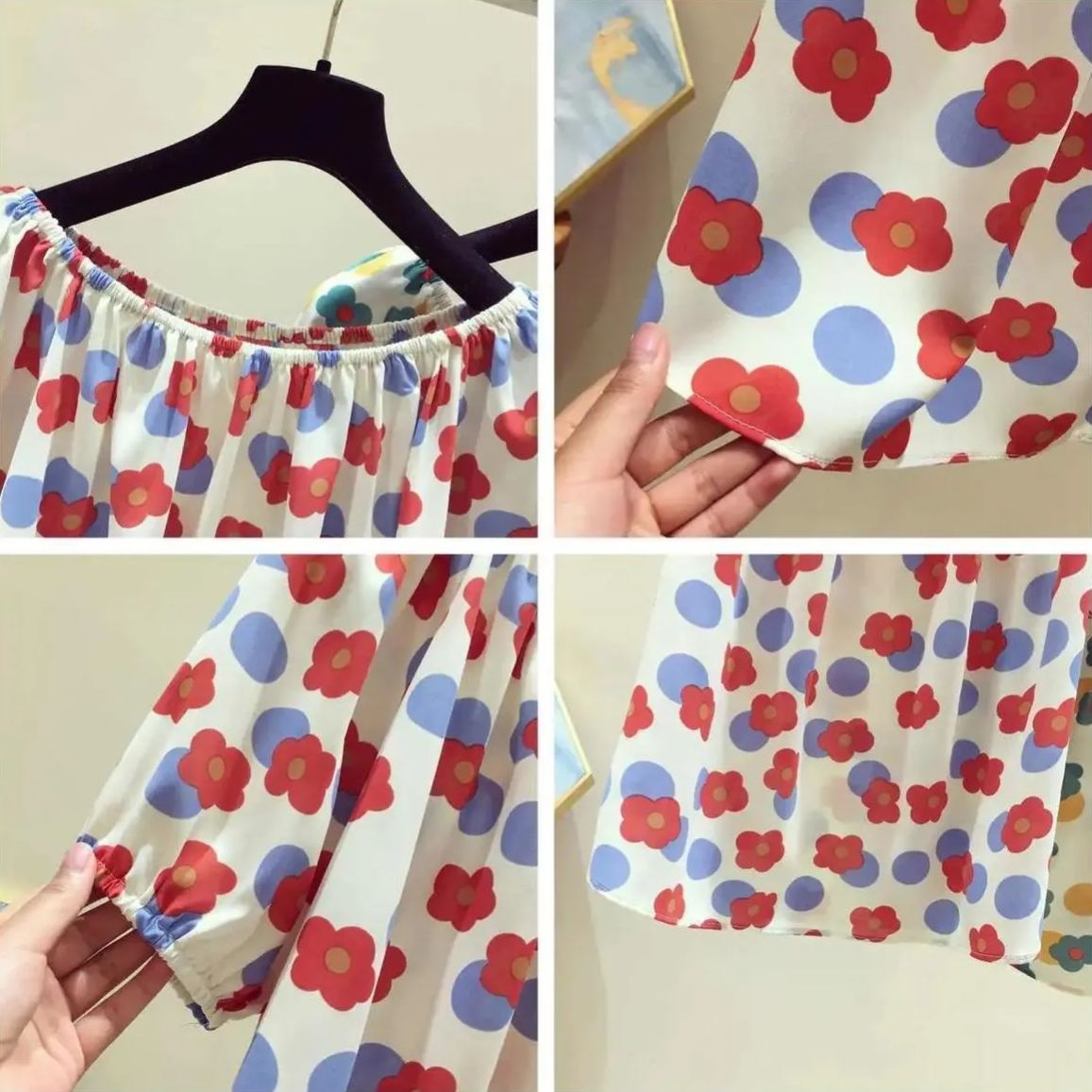 碎花一字領寬鬆時尚洋氣短版短袖-lululam