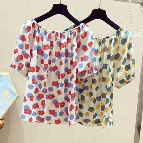 碎花一字領寬鬆時尚洋氣短版短袖-lululam