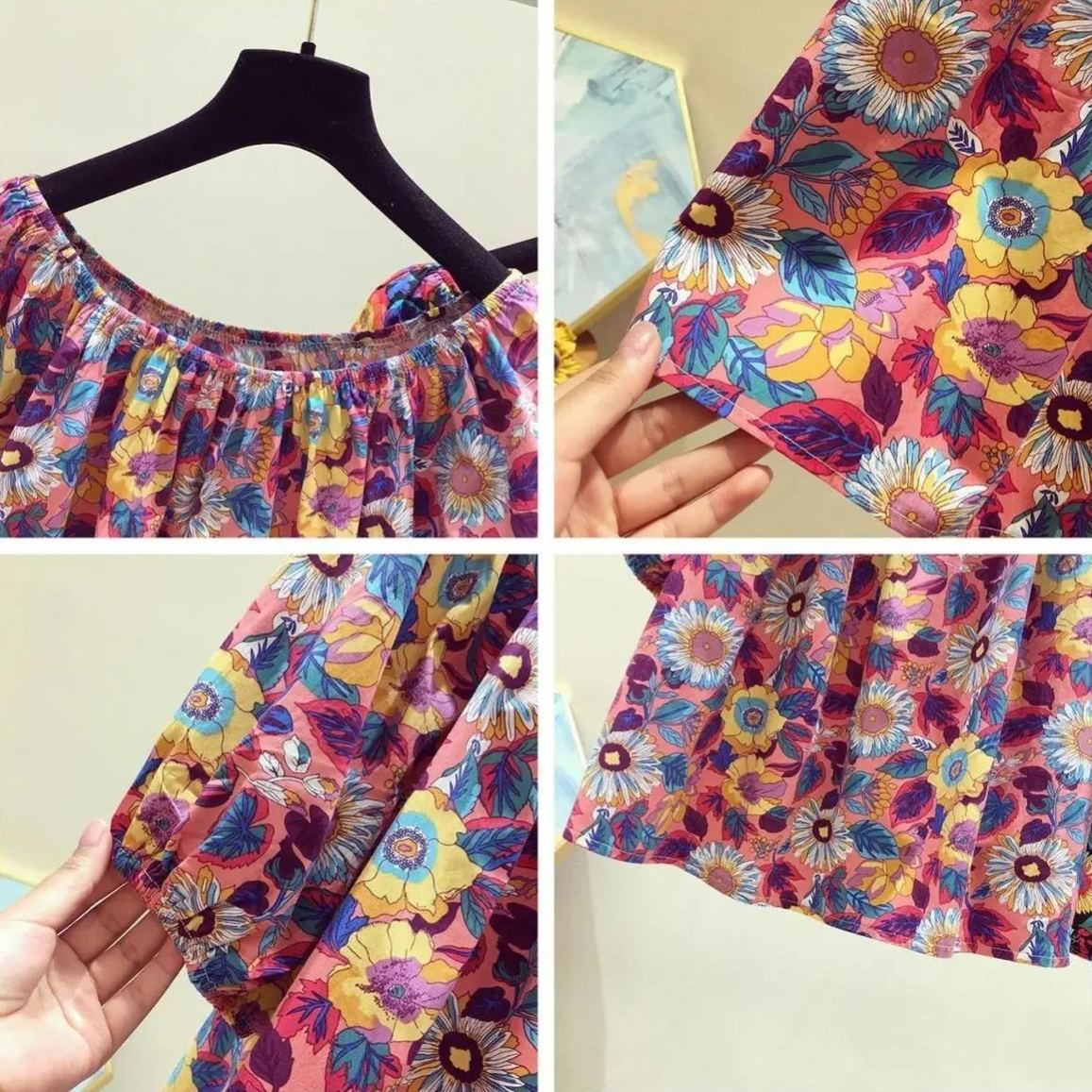 碎花一字領寬鬆時尚洋氣短版短袖-lululam