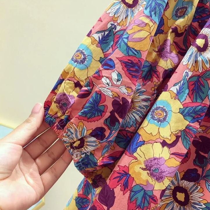 碎花一字領寬鬆時尚洋氣短版短袖-lululam