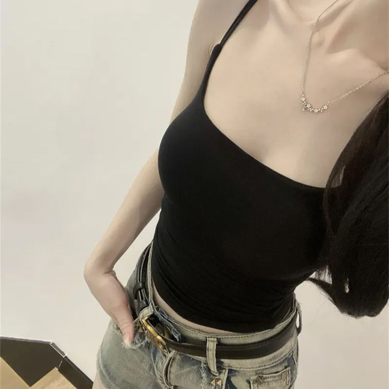 百搭純棉帶胸墊內搭外穿短版吊帶-lululam