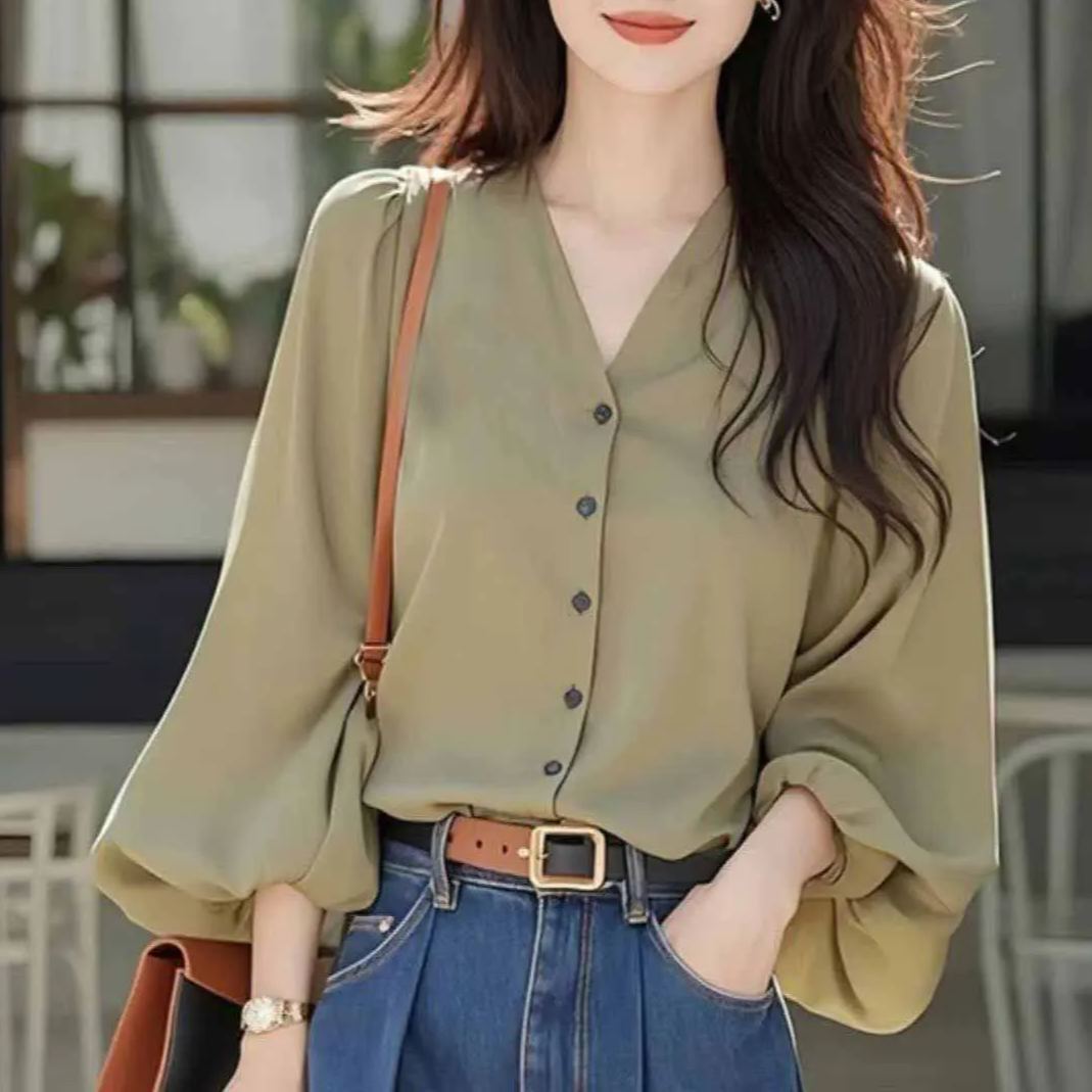 法式氣質素色寬鬆長袖V領雪紡襯衫-lululam