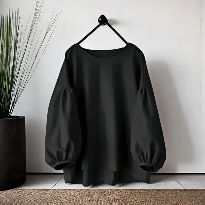 寬鬆休閒素色圓領長袖泡泡袖襯衫-lululam